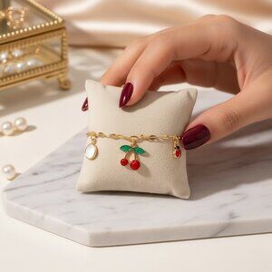 RHINESTONE CHERRY & LADYBUG CHARM BRACELET